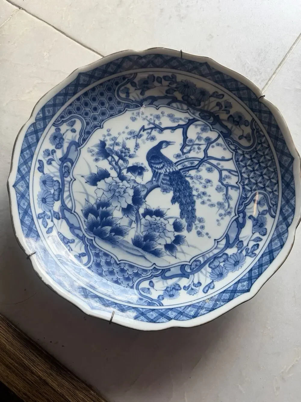 Vintage Asian Scalloped Blue & White Porcelain Peacock Plate/Decorative Charger